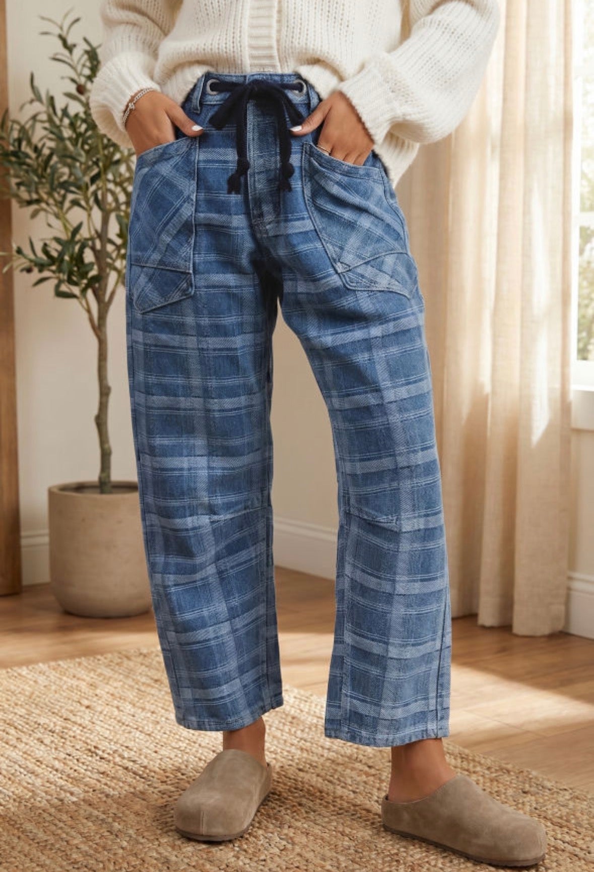 Blue plaid barrel jeans