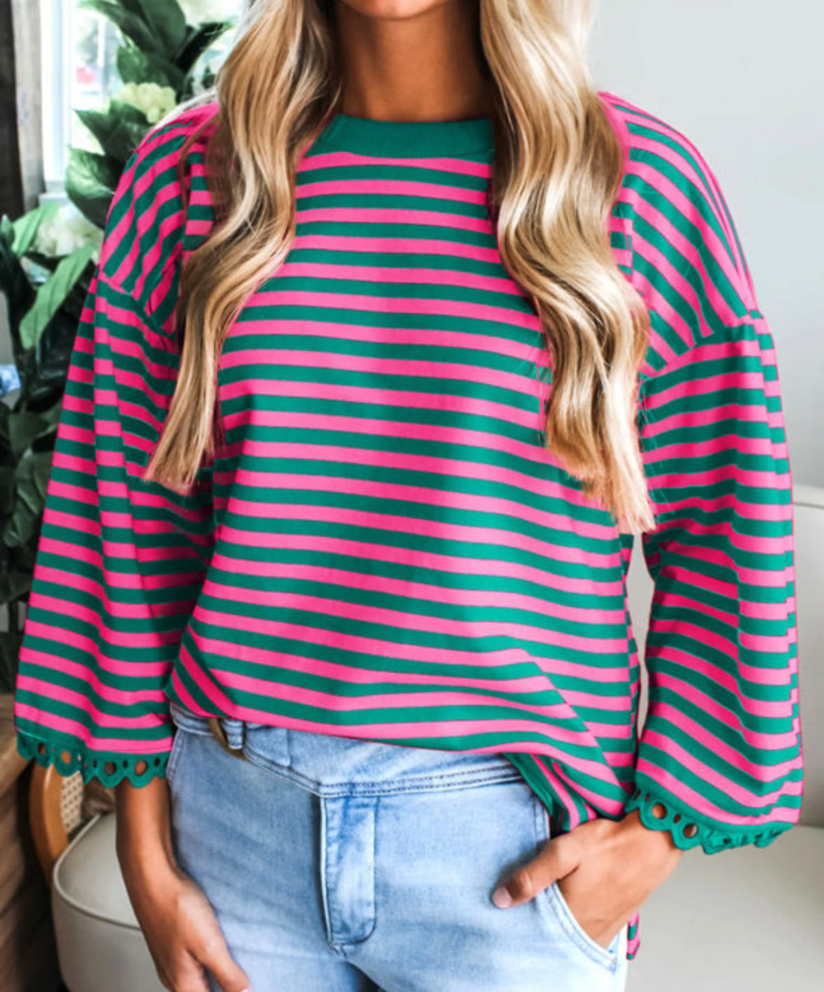 Turquoise and pink stripe scalloped lace 3/4 sleeve