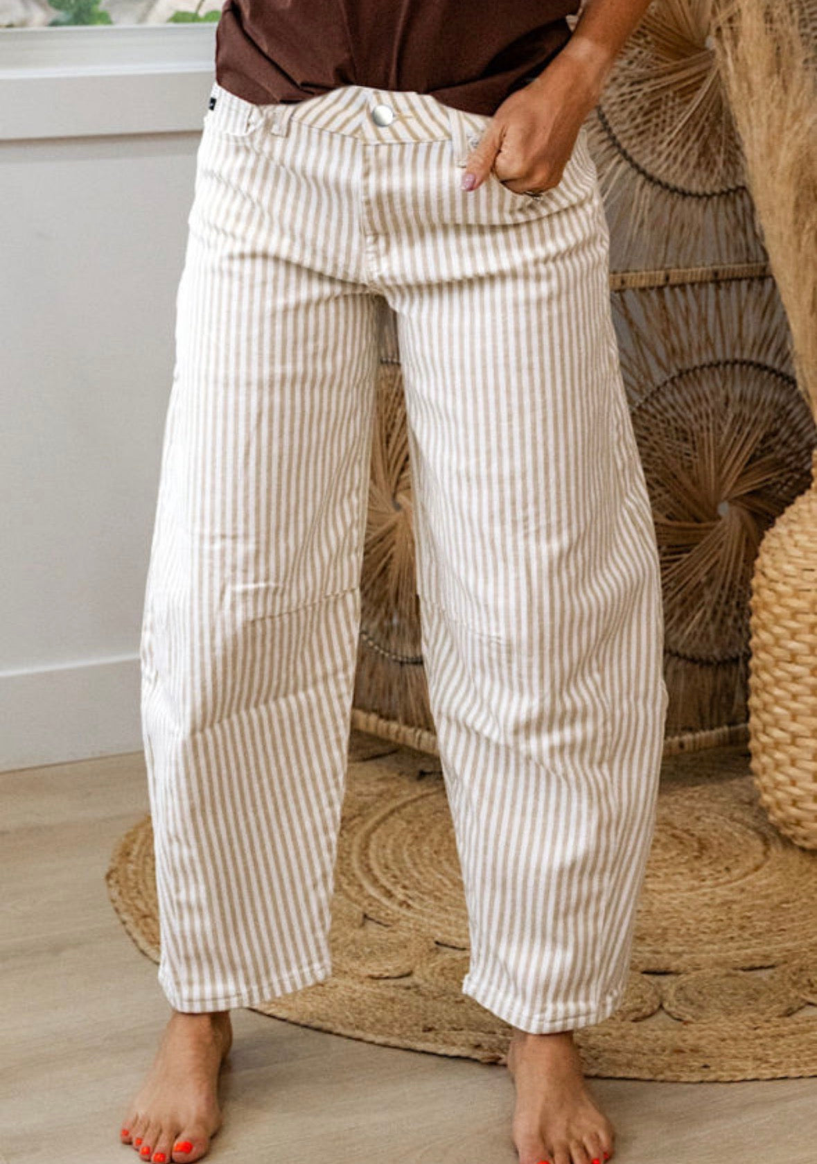 Khaki vertical stripe barrel jeans