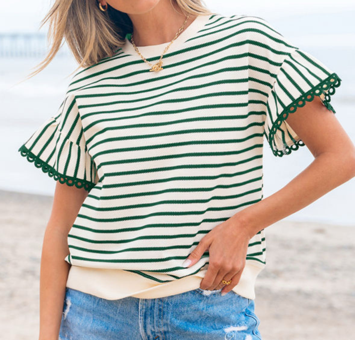 Green/white stripe ruffle sleeve