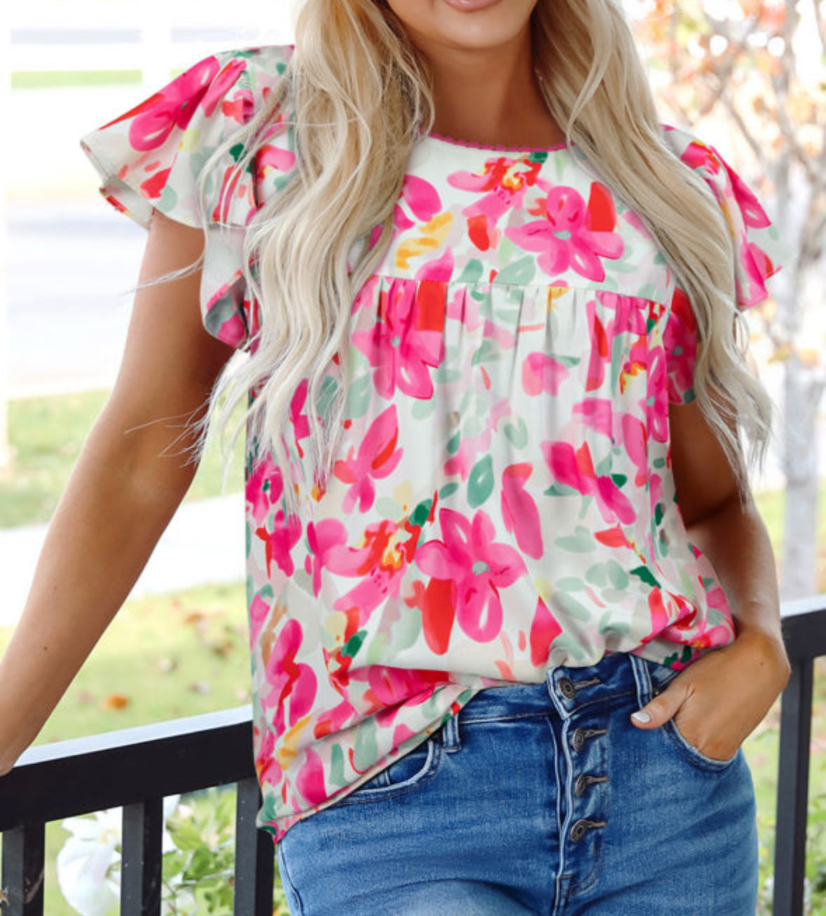 White floral tank pink Rick rack neck