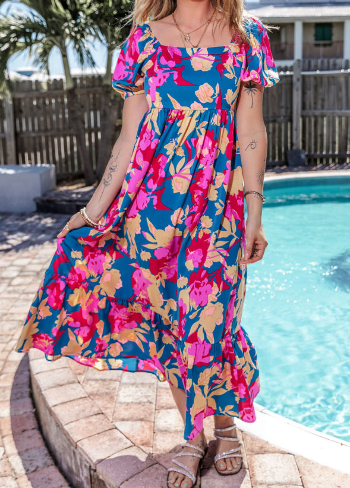 Blue/pink floral maxi dress