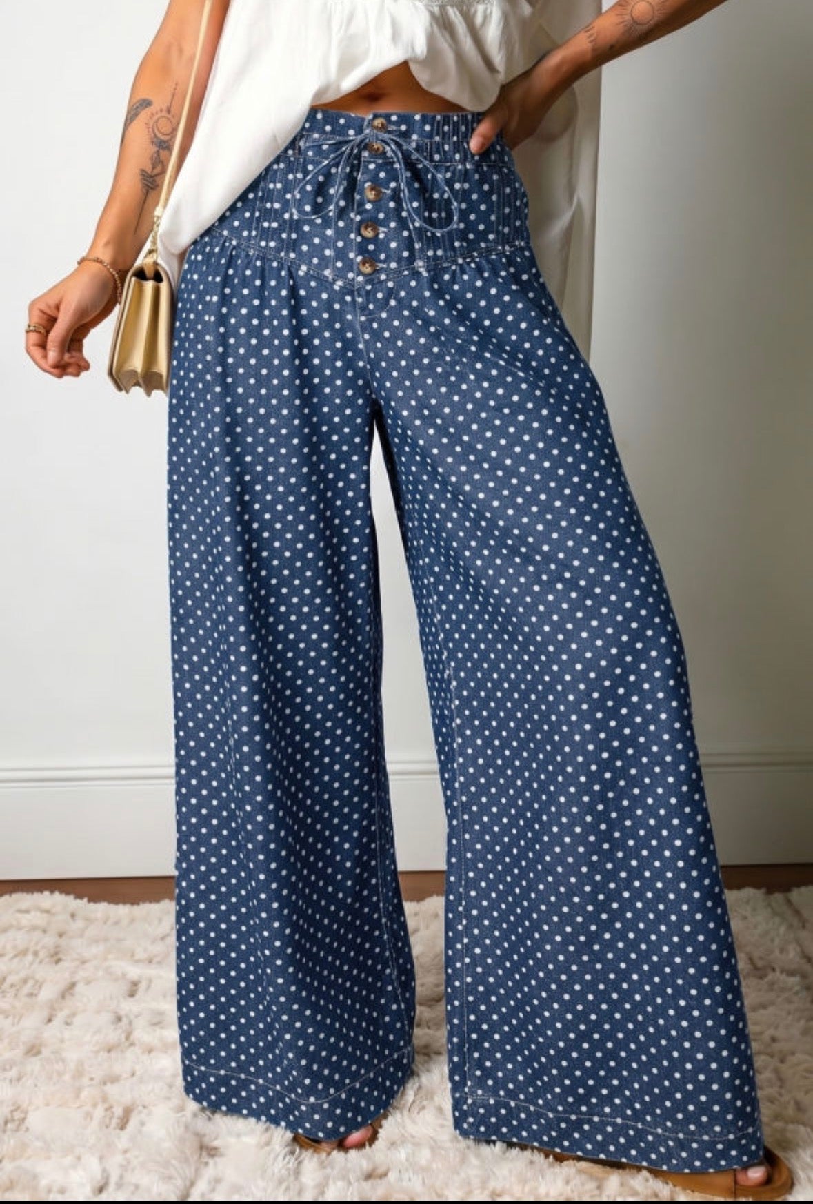 Polka dot wide leg dressy denim