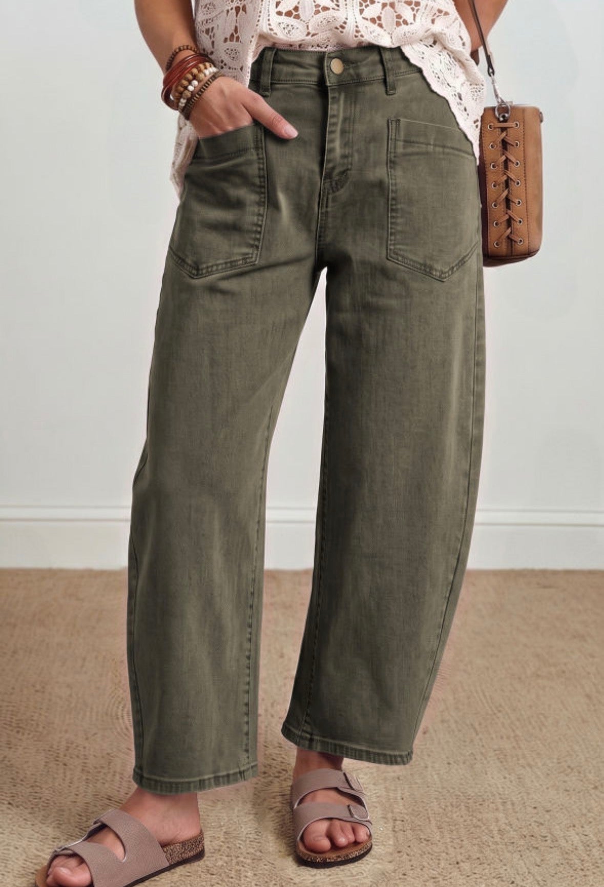 Green barrel cut jeans