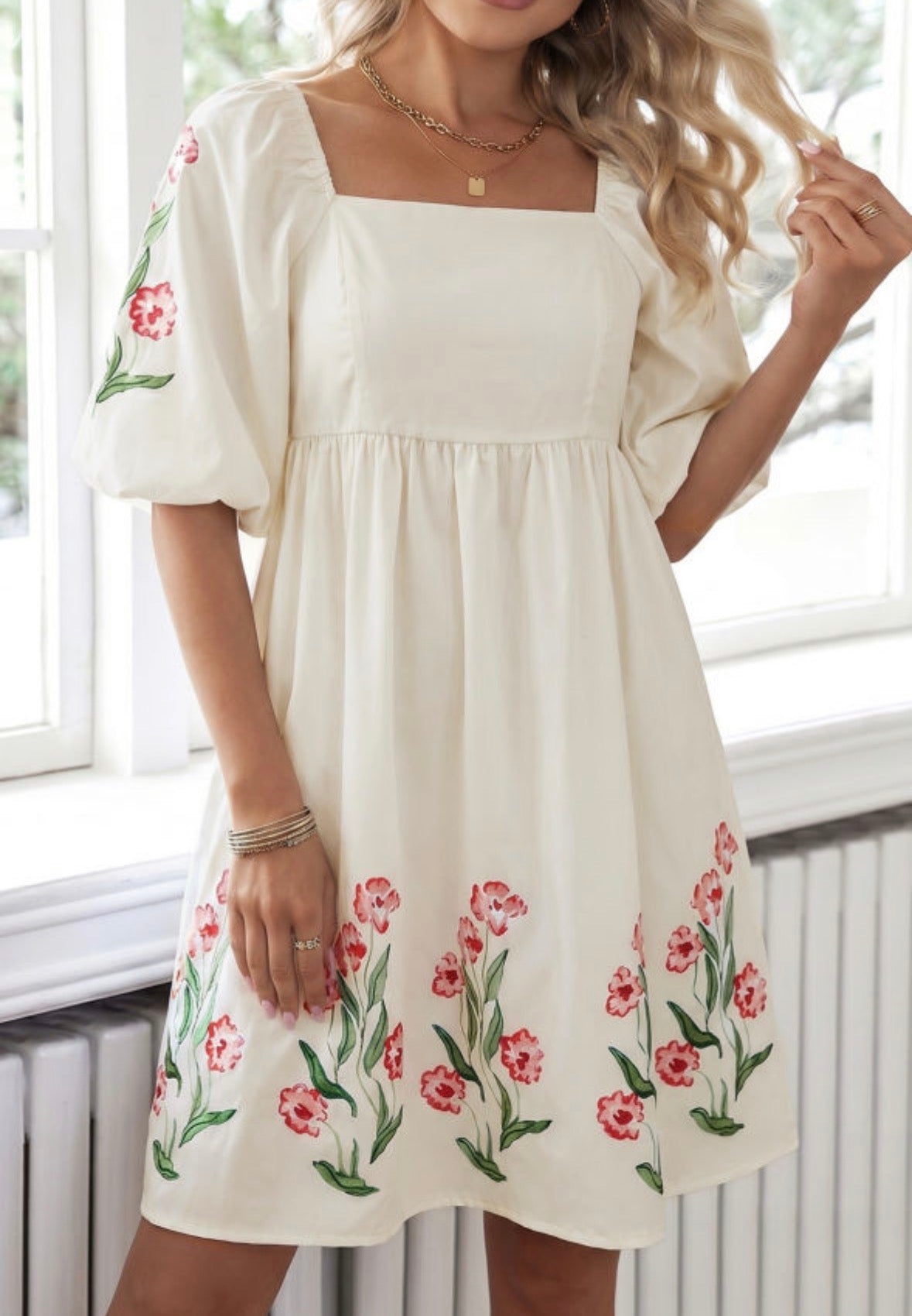 White dress with pink floral bottom