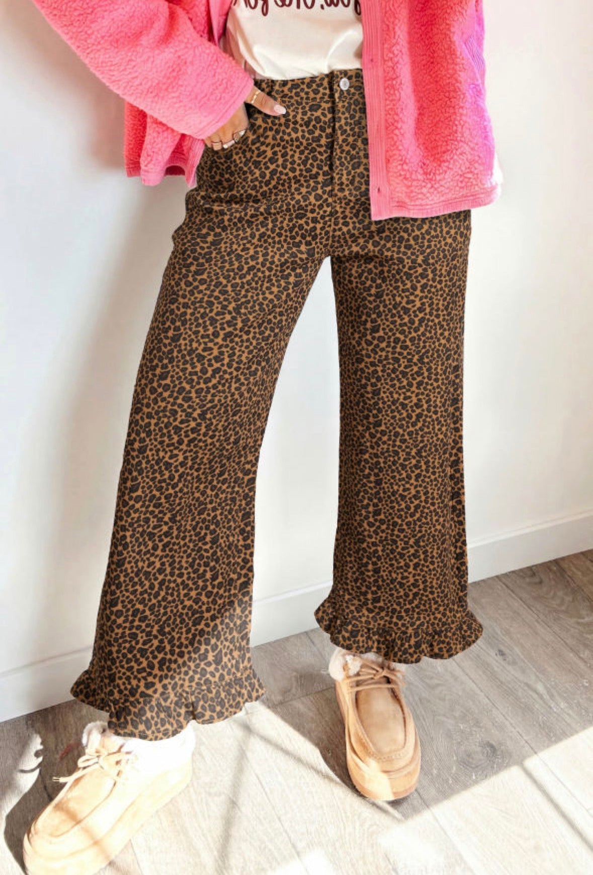 Leopard ruffle cuff jeans