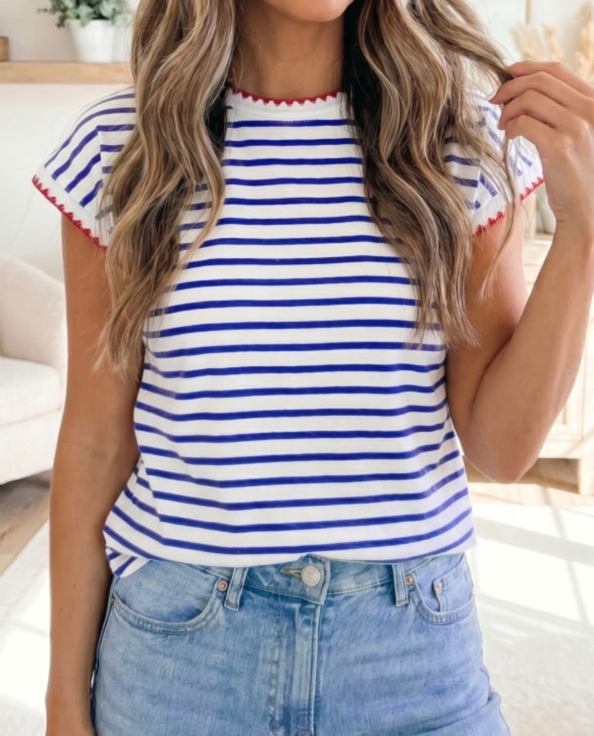Blue stripe pink scallop cap sleeve
