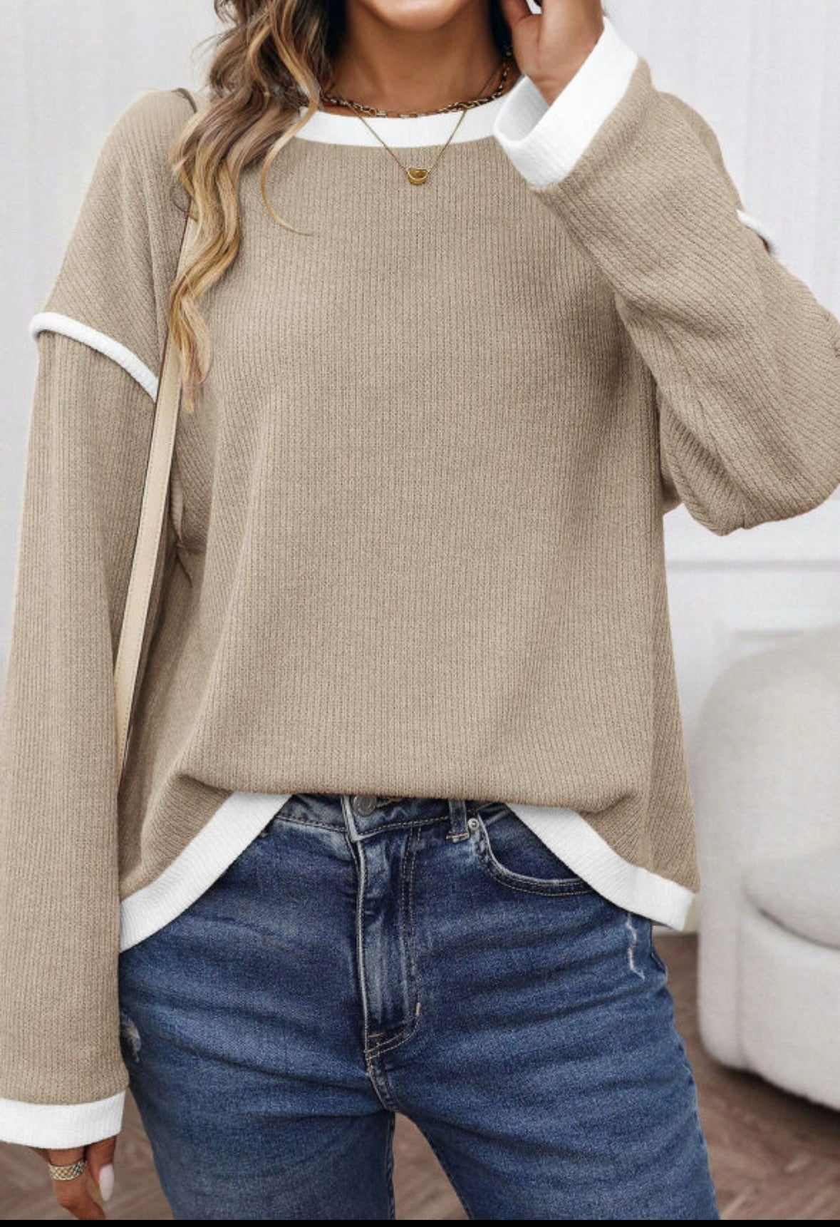 Ivory sweater with ivory trim