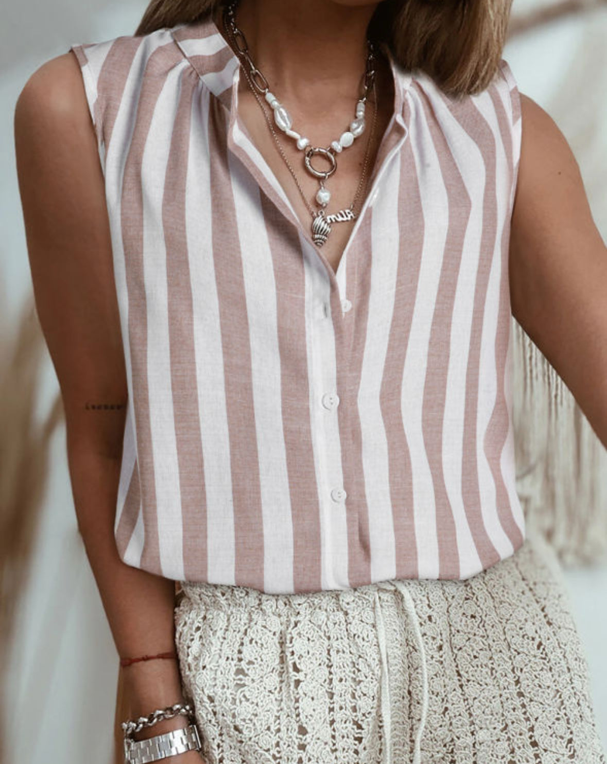 Blush/ivory vertical stripe tank
