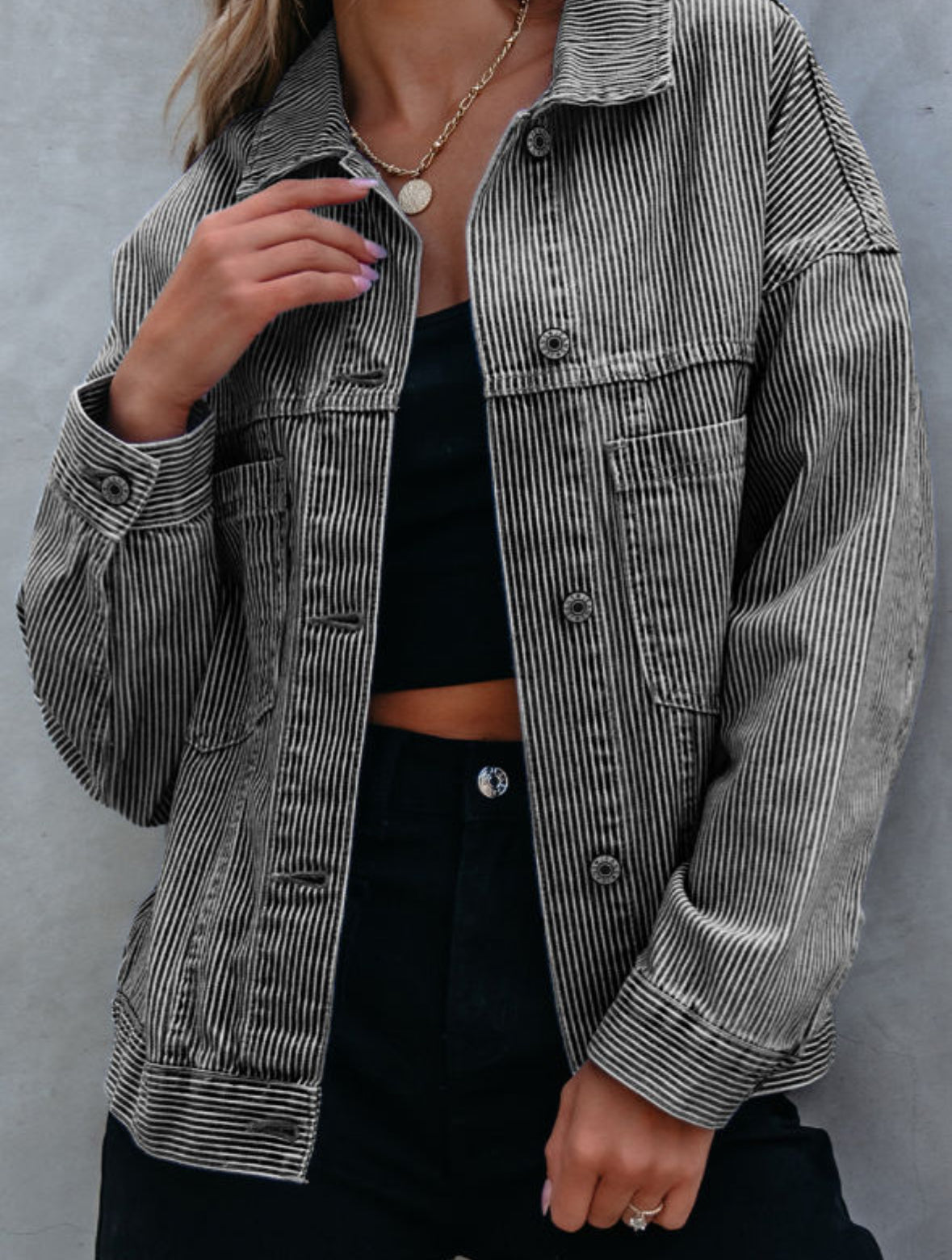 Black pinstripe denim jacket