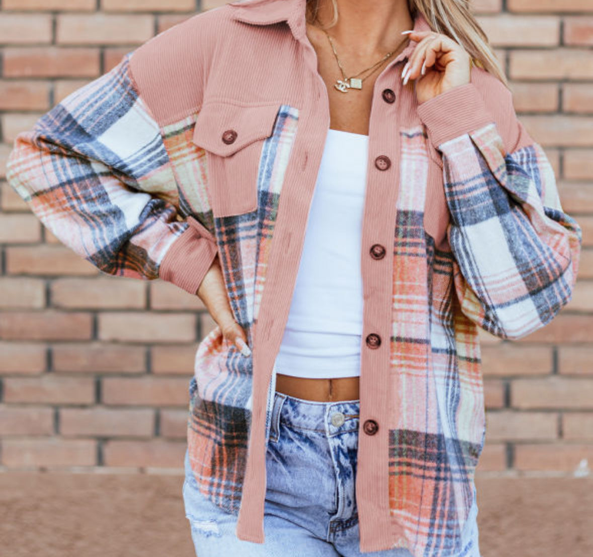 Pink plaid corduroy shacket