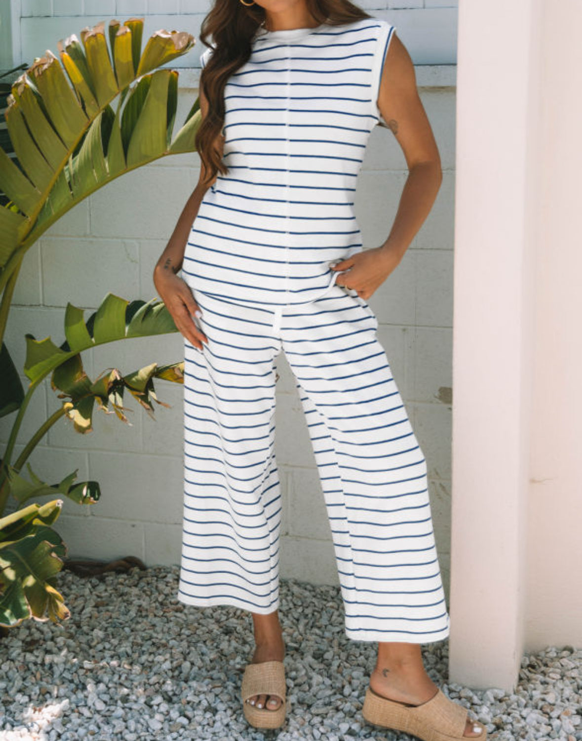 Blue and white striped 2 piece pant set