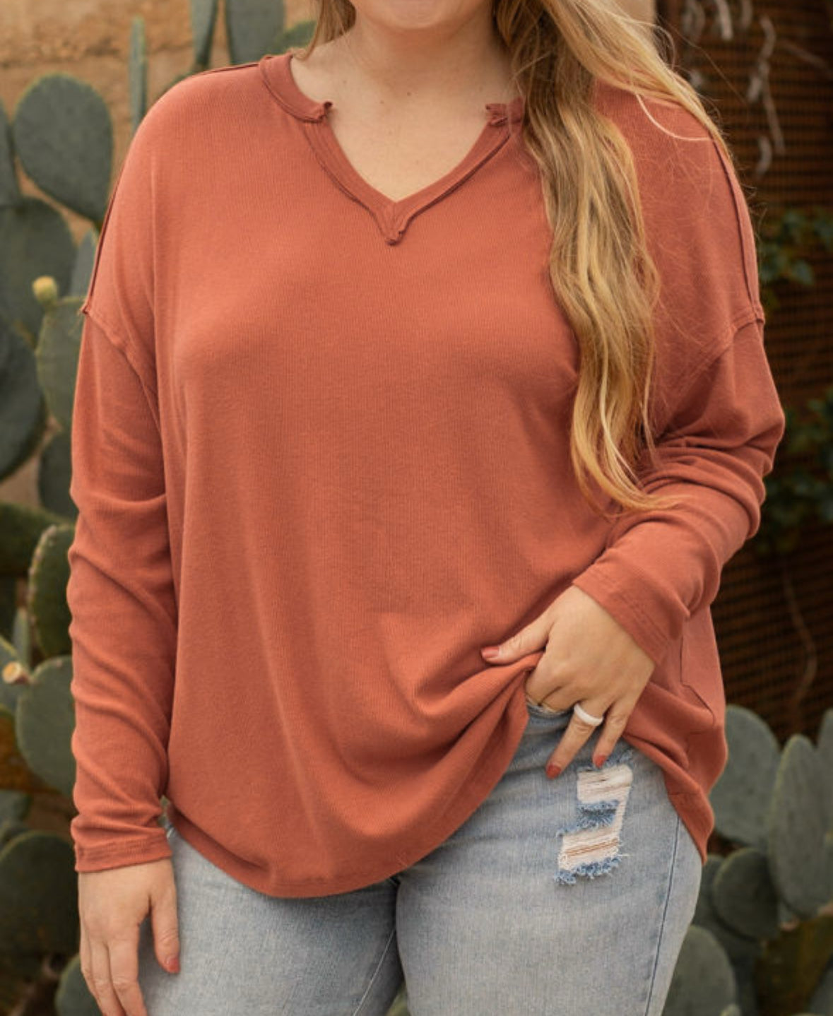 Orange notch neck long sleeve