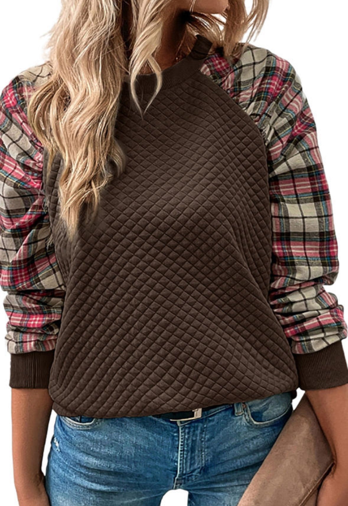 Brown texture with fun plaid sleeves