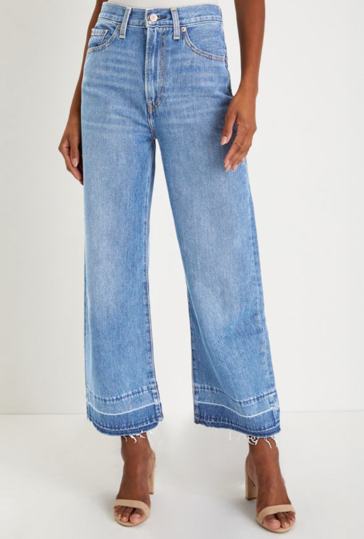 Blue wide leg denim raw hem