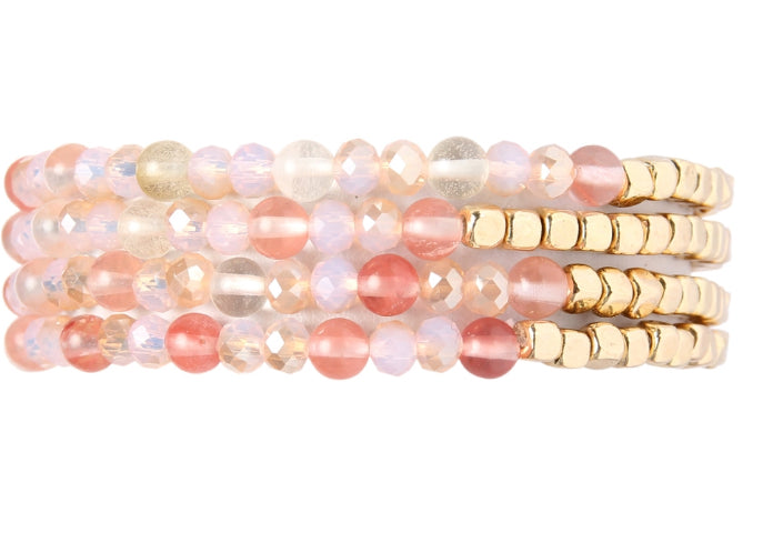 Pink stone and glass bead bracelet set