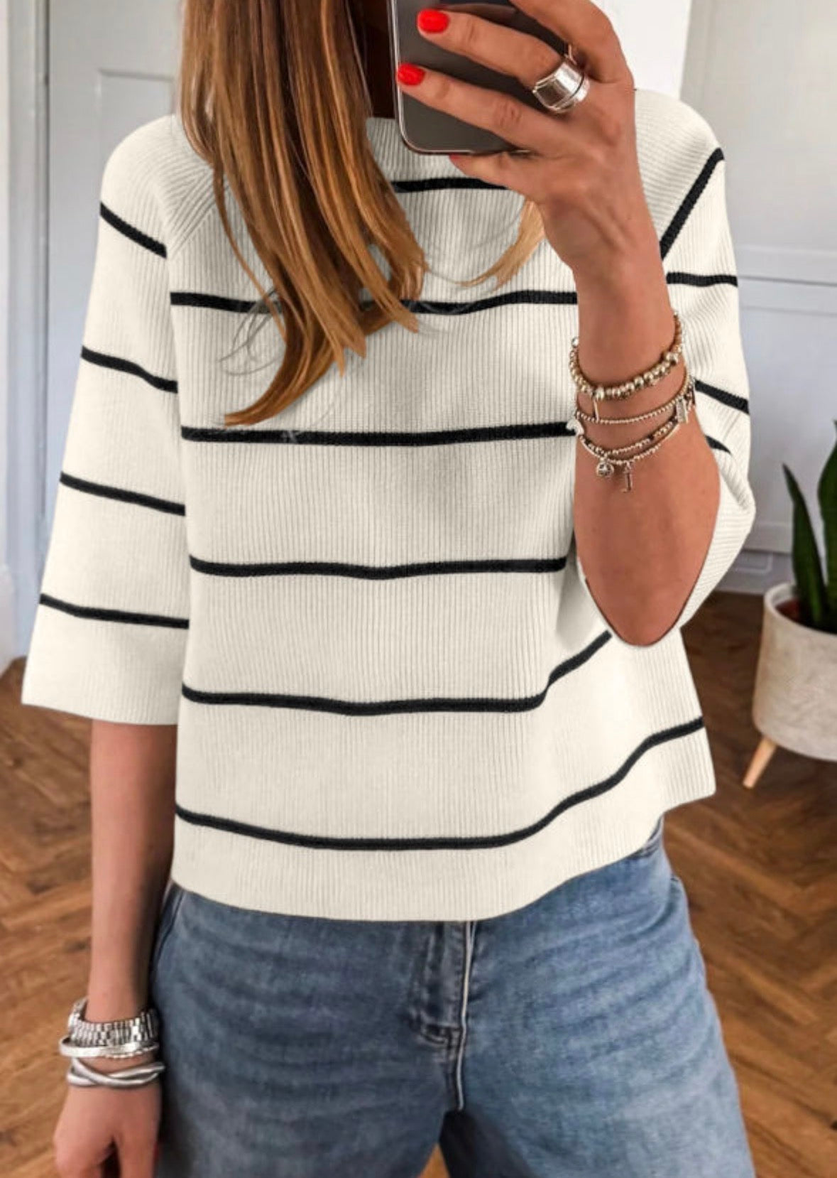 White/black thin stripe sweater-lux fabric