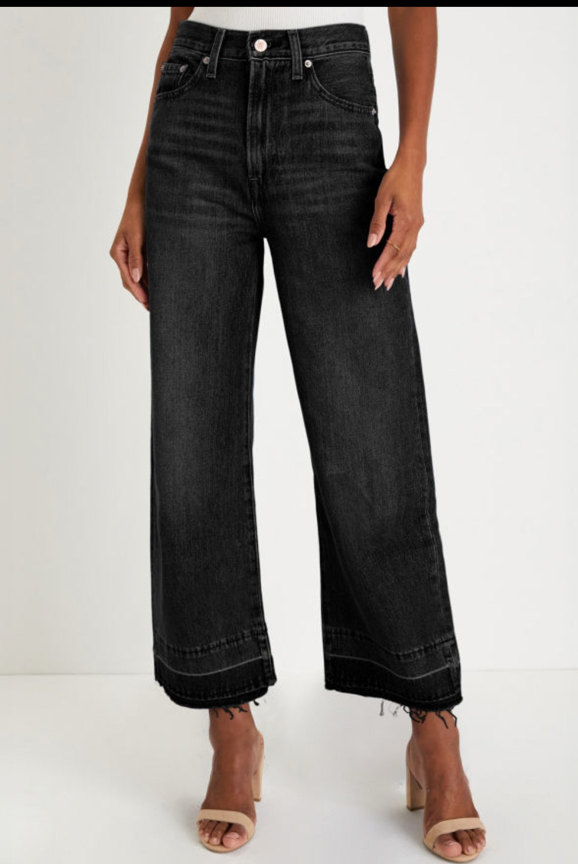 Black wide leg denim raw hem