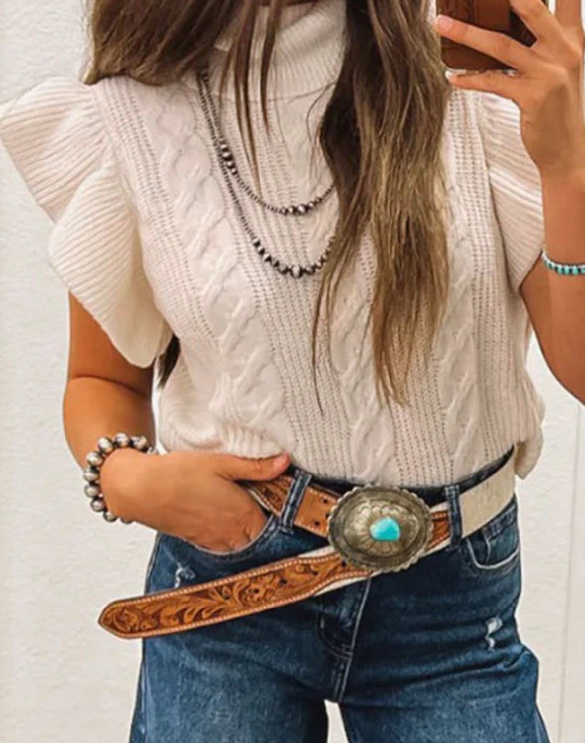 Cream turtleneck ruffle sleeve sweater