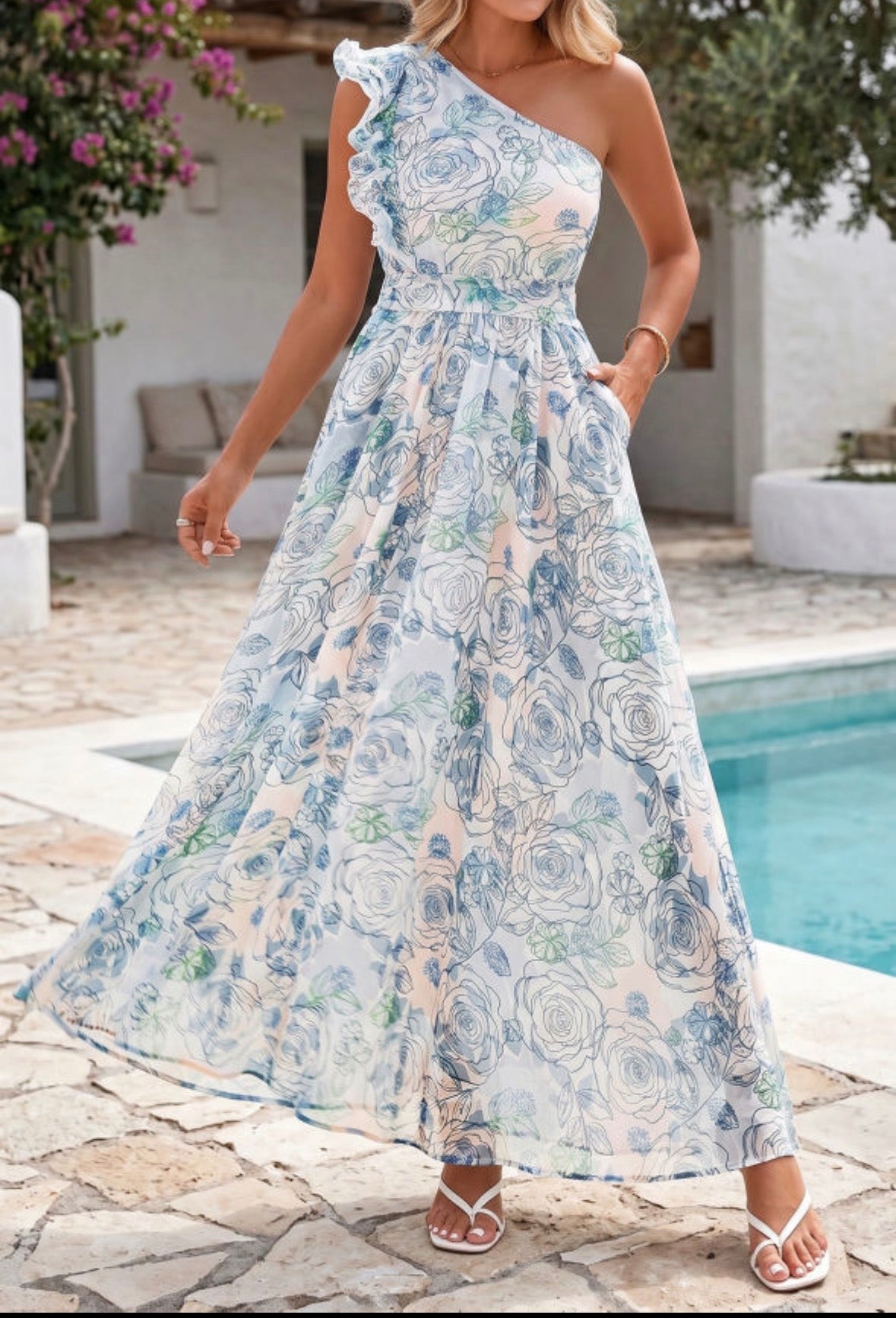 White blue floral one shoulder maxi dress