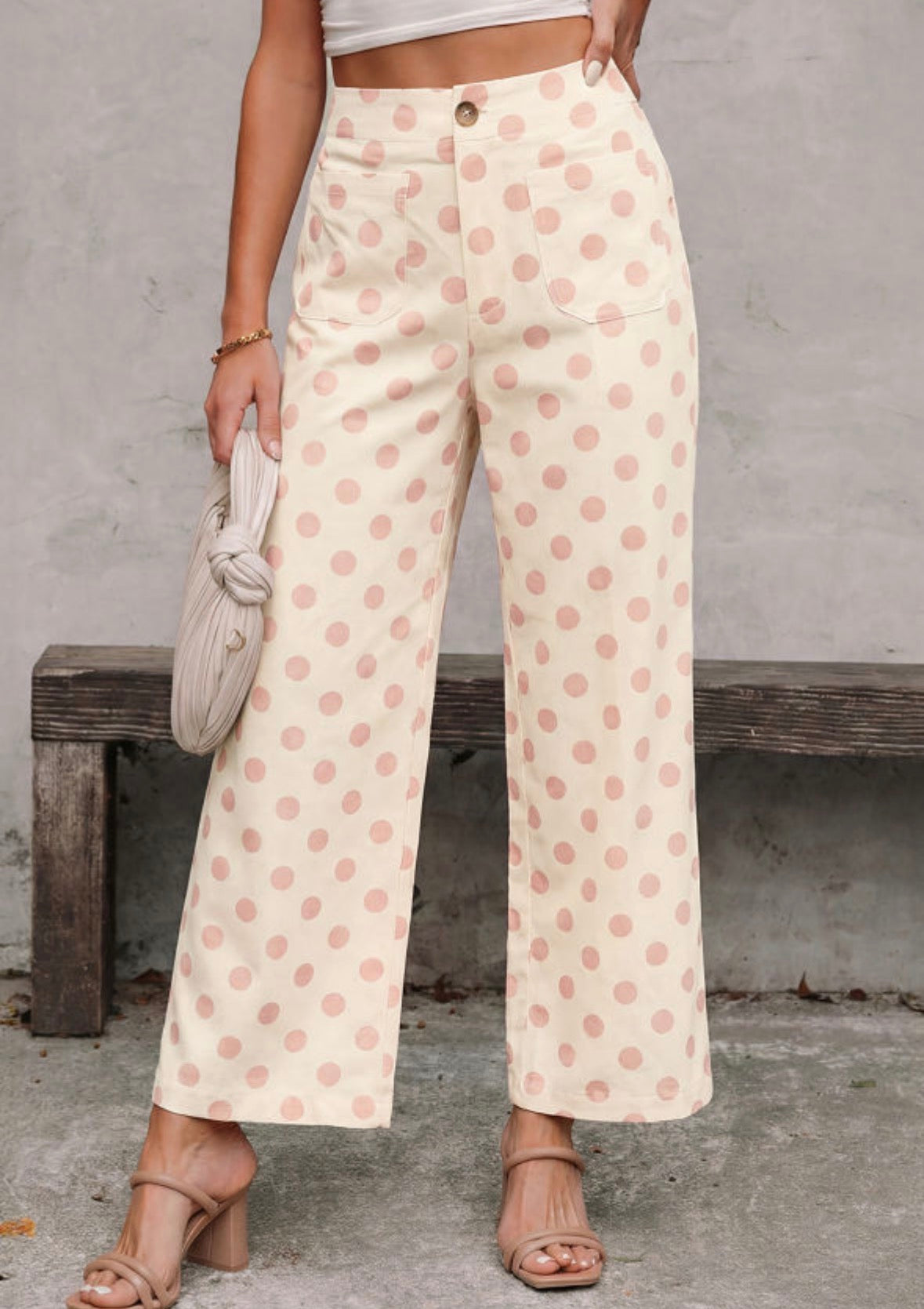 Cream pink polka dot pants