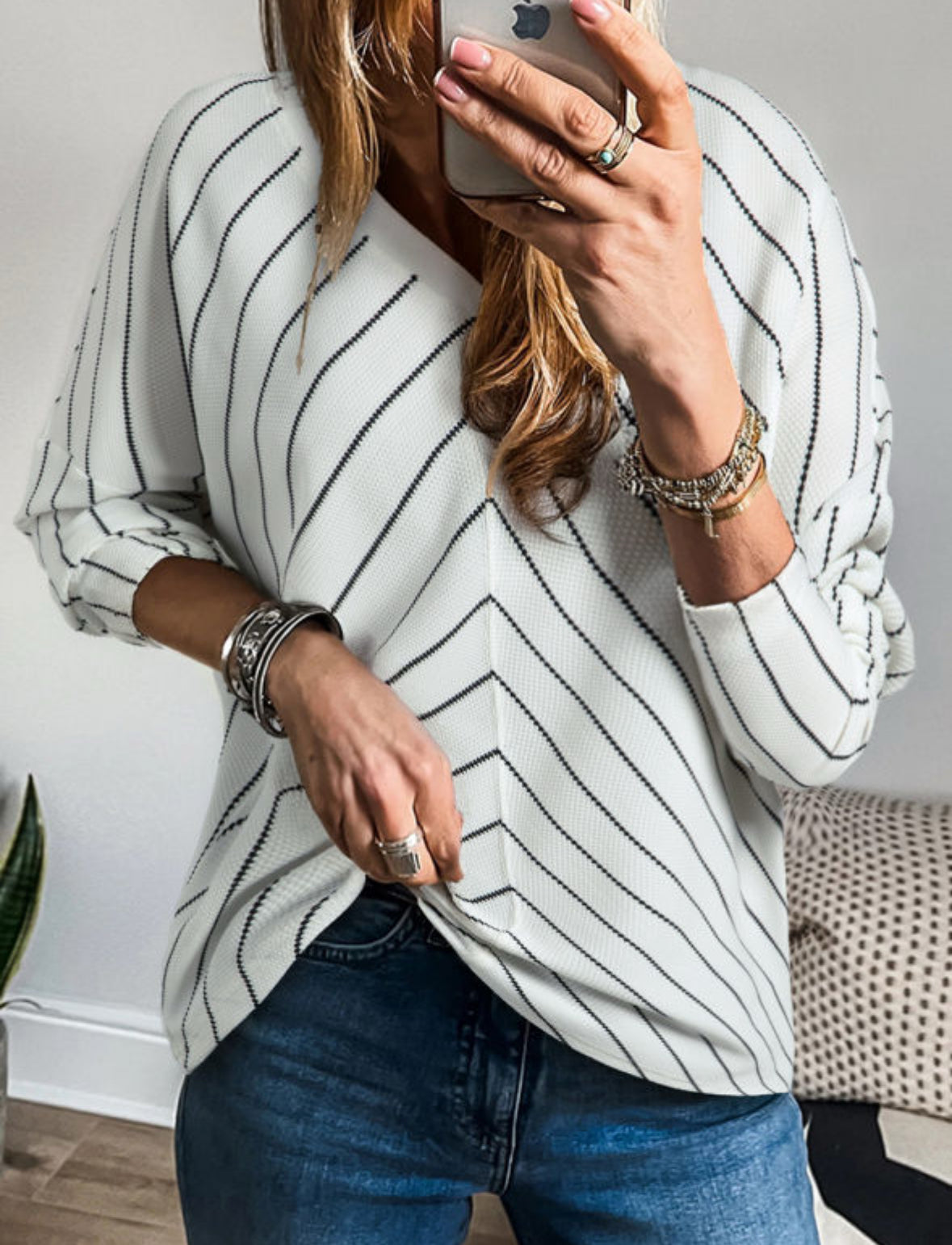 White with black thin angled stripe vneck