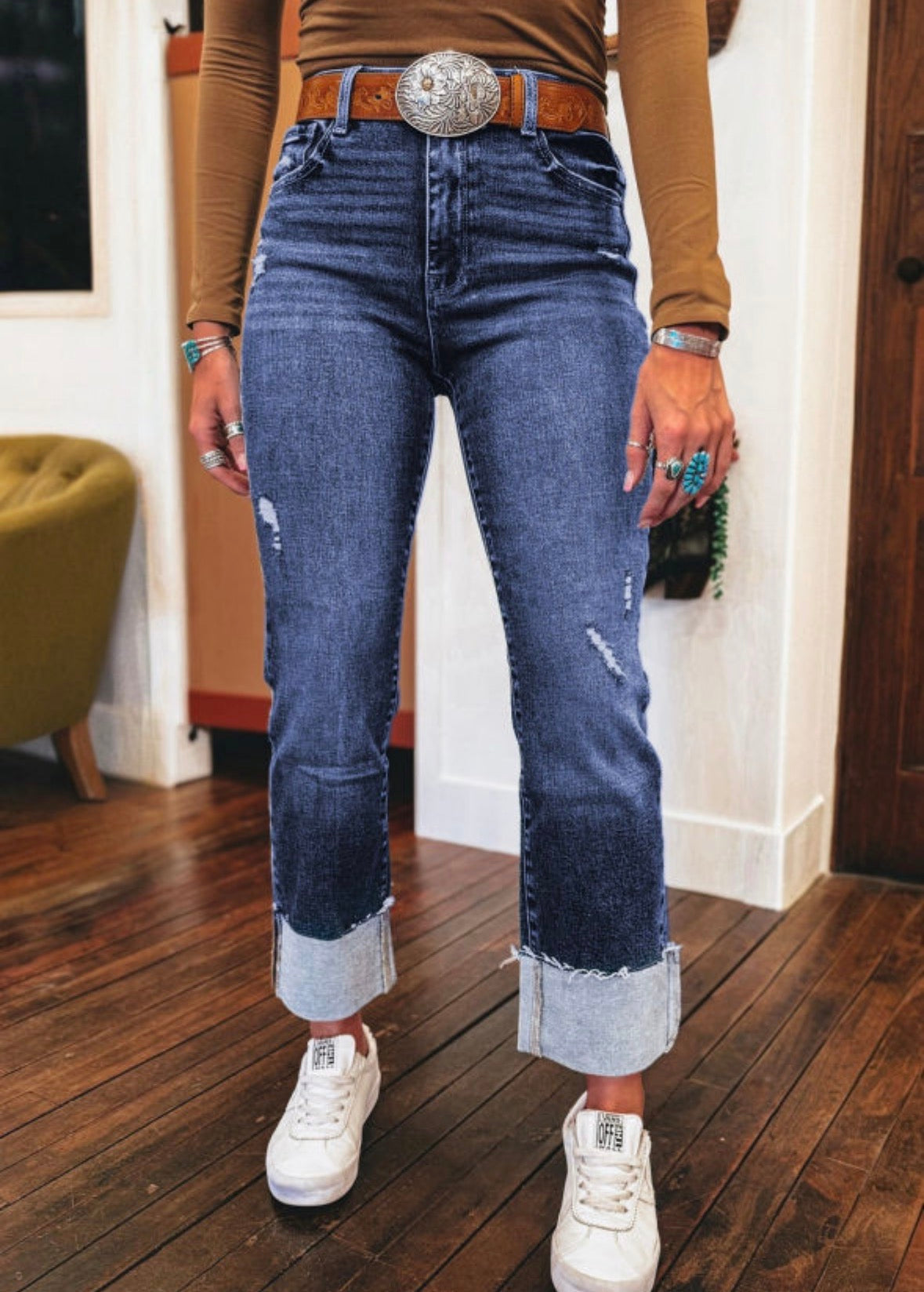 Wide cuff dark denim