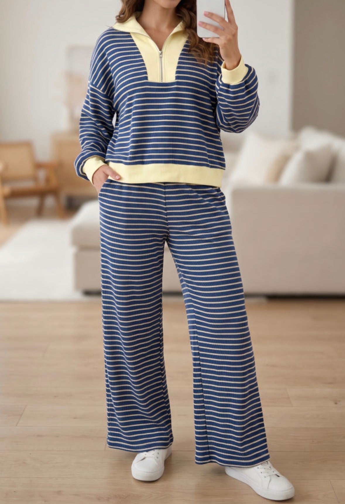 2 pc blue/yellow stripe