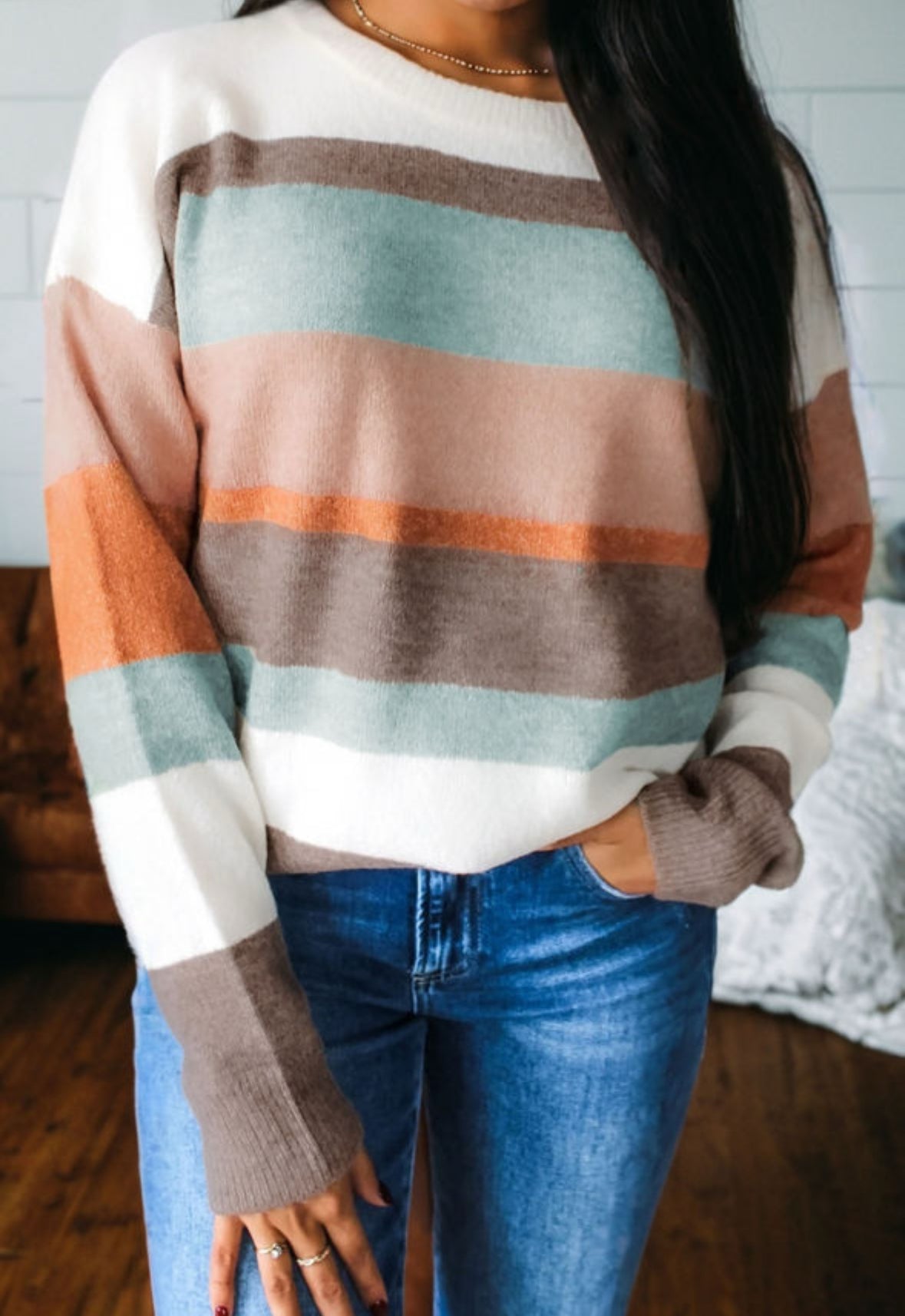 Stripe color block teal/gray/pink/orange muted color sweater