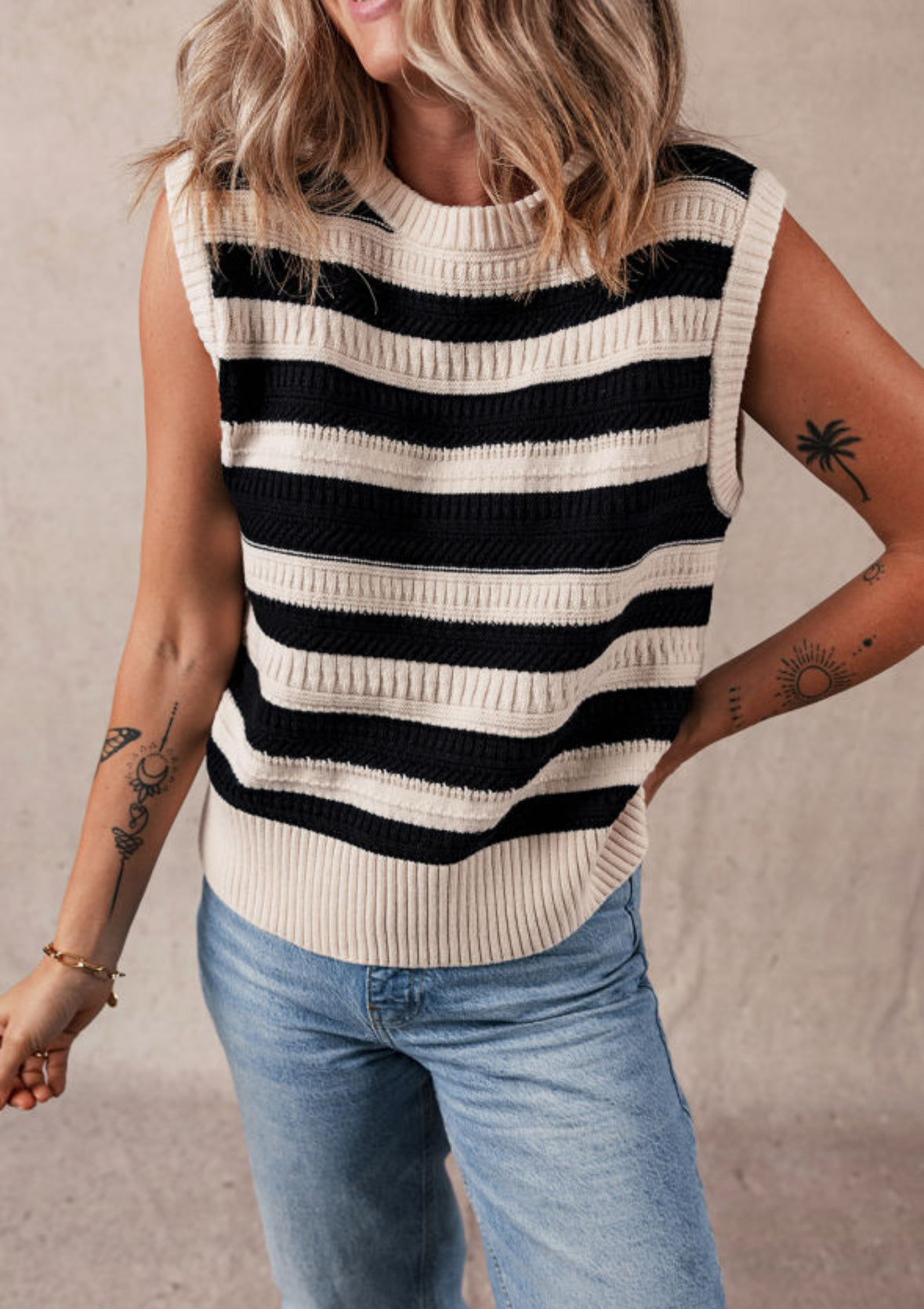 Black thick stripe cable knit sweater vest