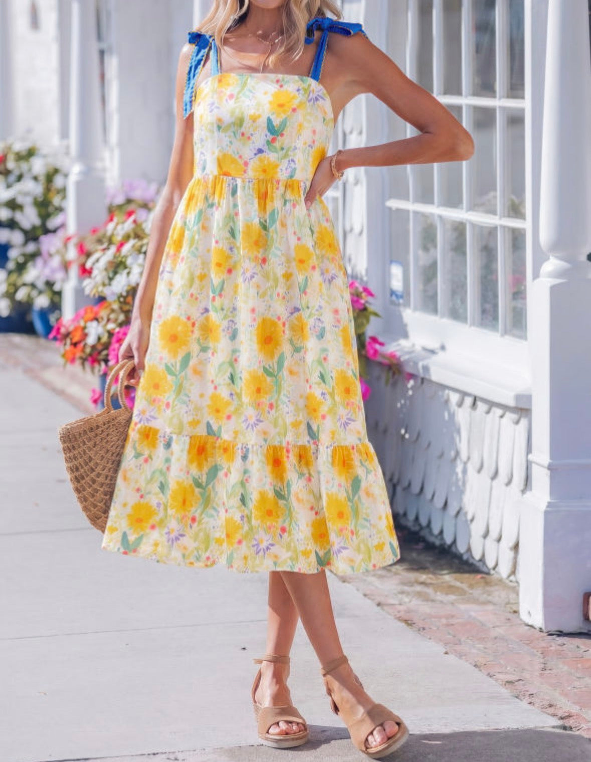 Yellow floral midi dress with blue bow ties