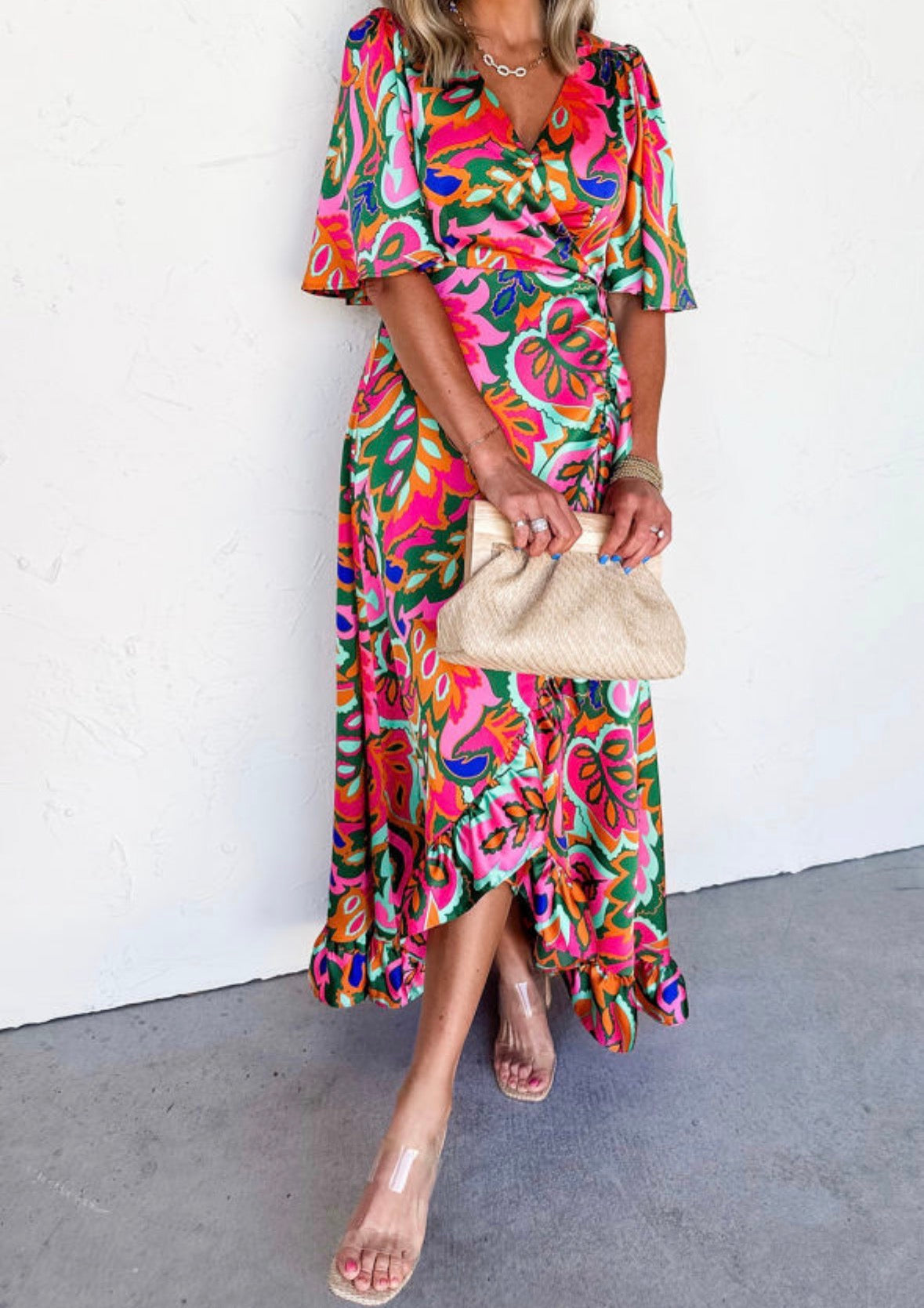 Dark green silky floral dress