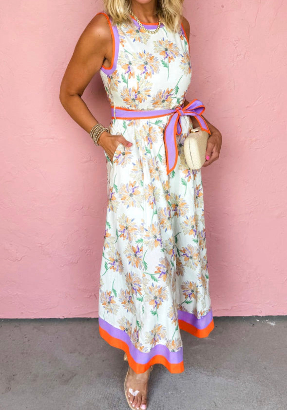 Purple/orange floral print dress tie waist