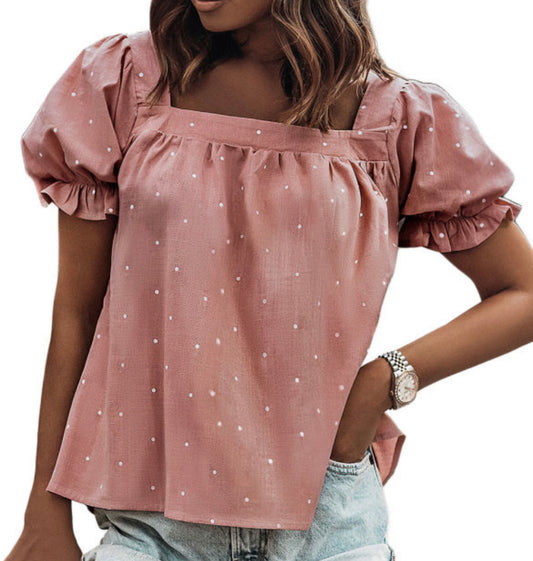 Blush polka dot ruffle sleeve