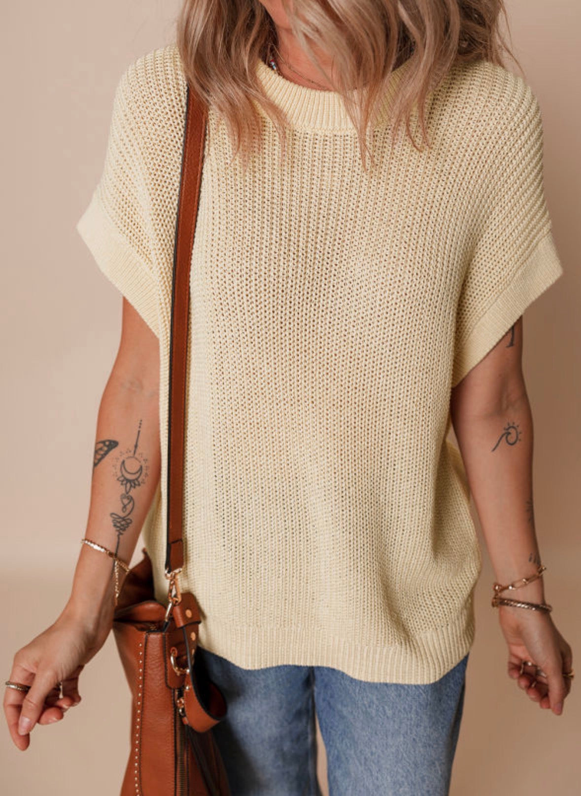 Tan loose knit long torso short sleeve sweater