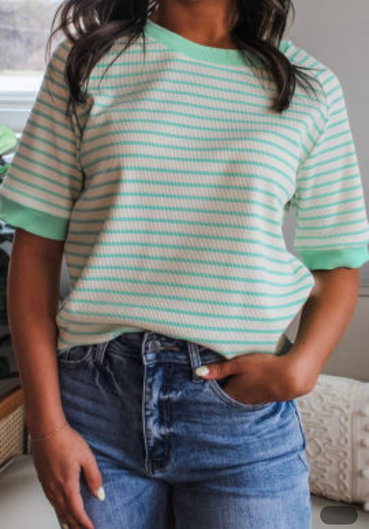 Green stripe sweatshirt short sleeve