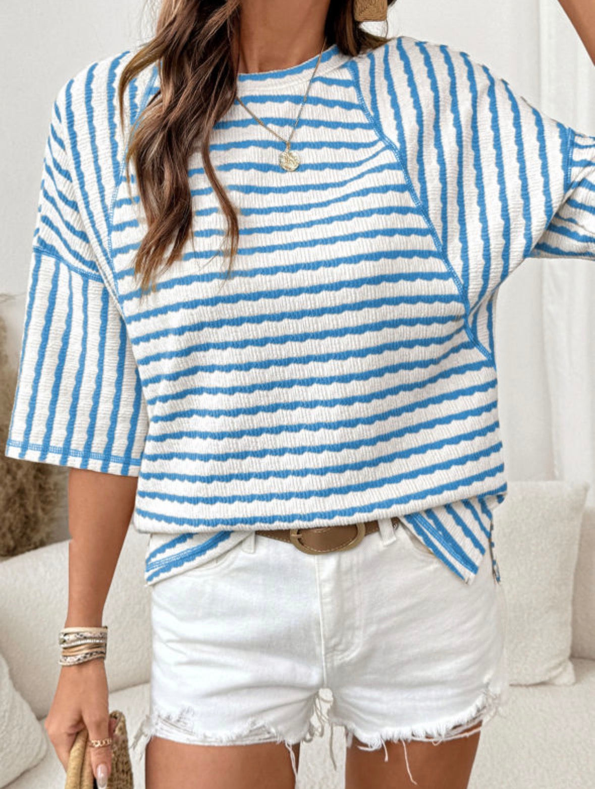 Blue and white striped dolman sleeve