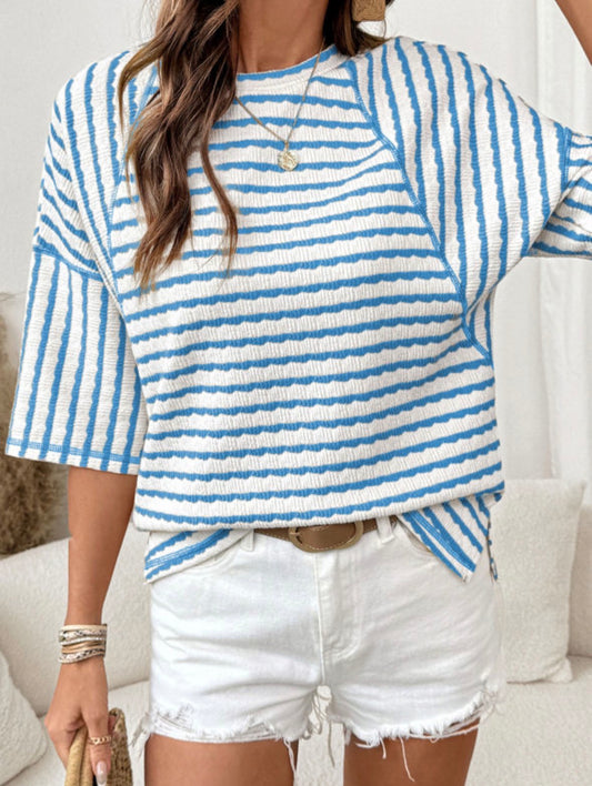 Blue and white striped dolman sleeve