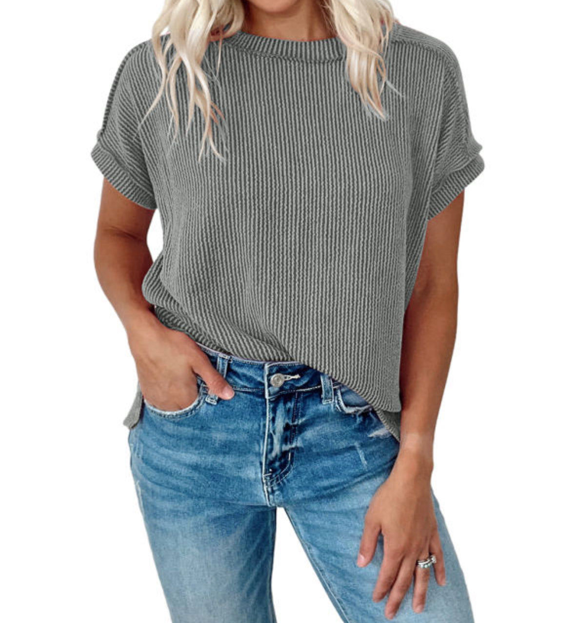 Gray textured crew neck