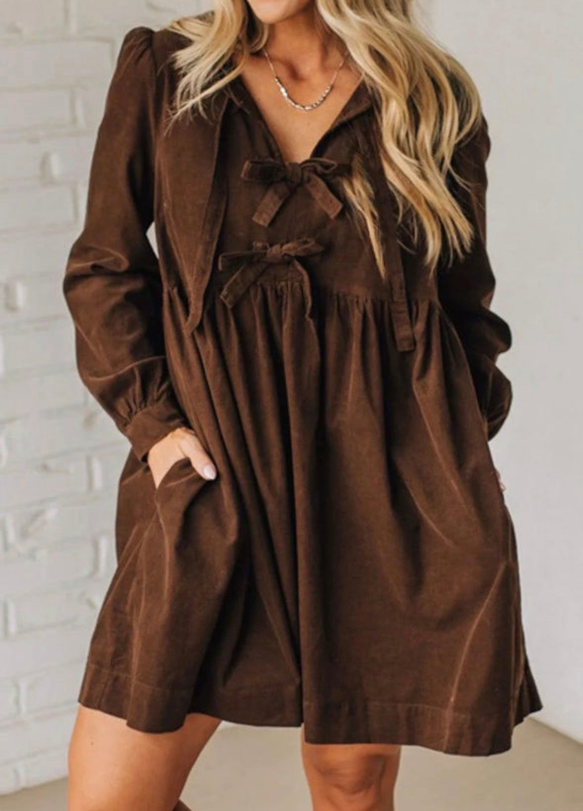 Brown corduroy tie front dress