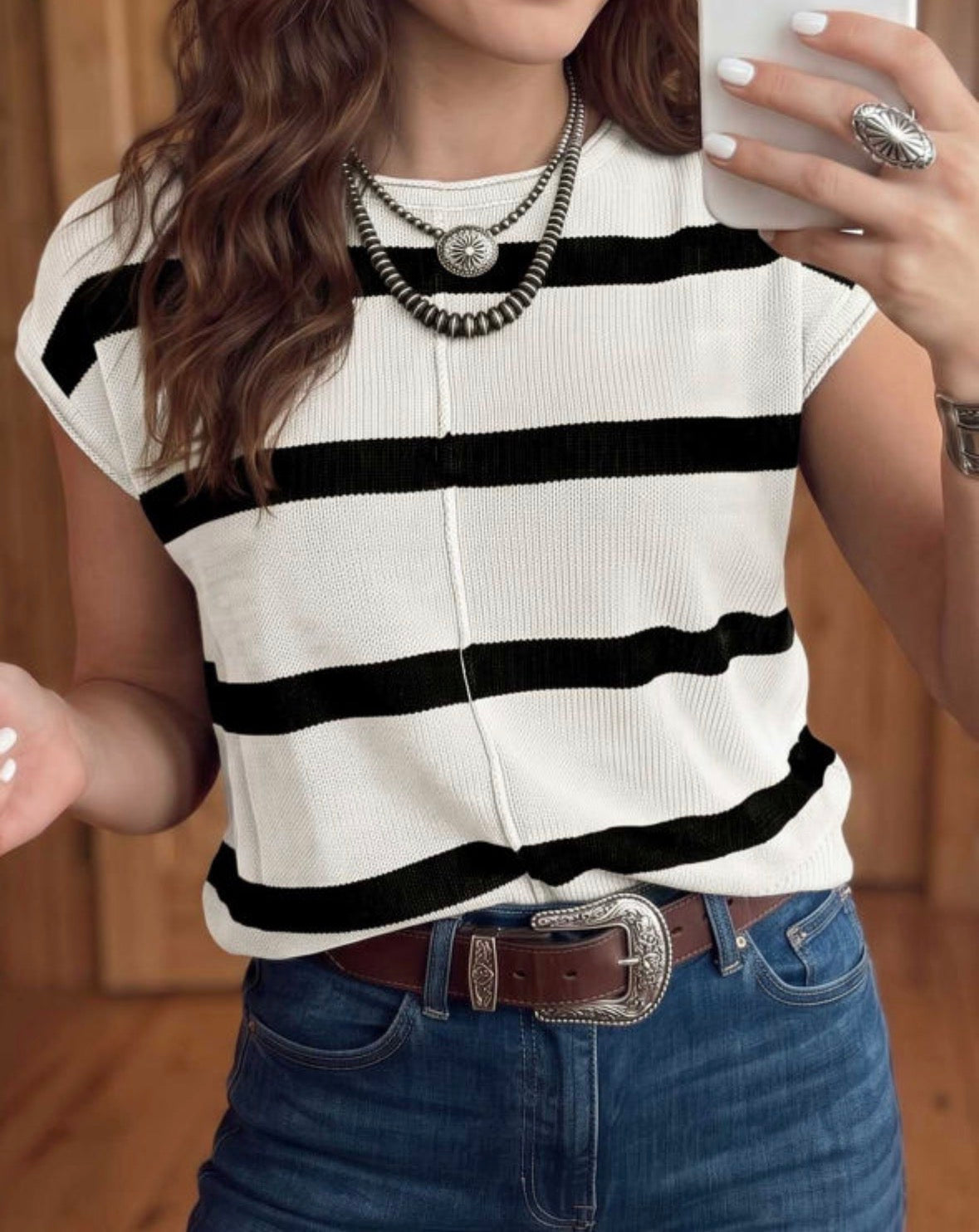 White cap sleeve sweater black stripes