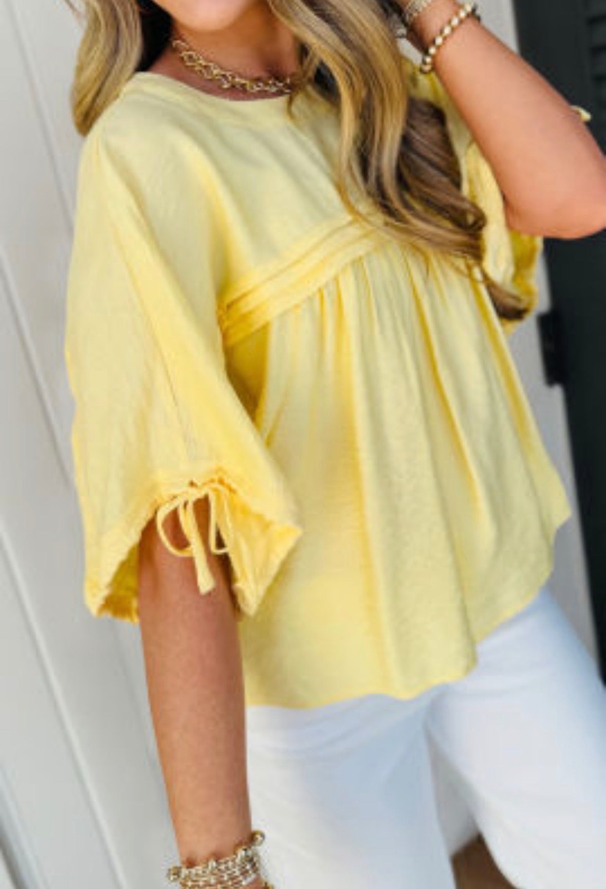 Yellow pleated 3/4 sleeve