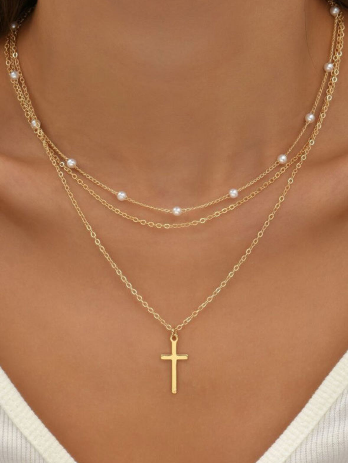 Gold 3 strand cross necklace