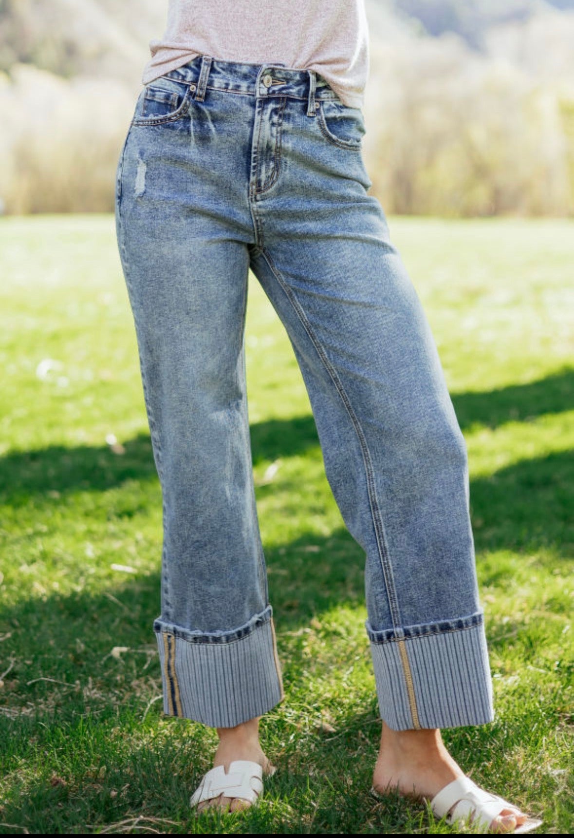 Acid wash wide cuff jeans