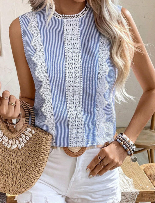 Blue seersucker lace tank