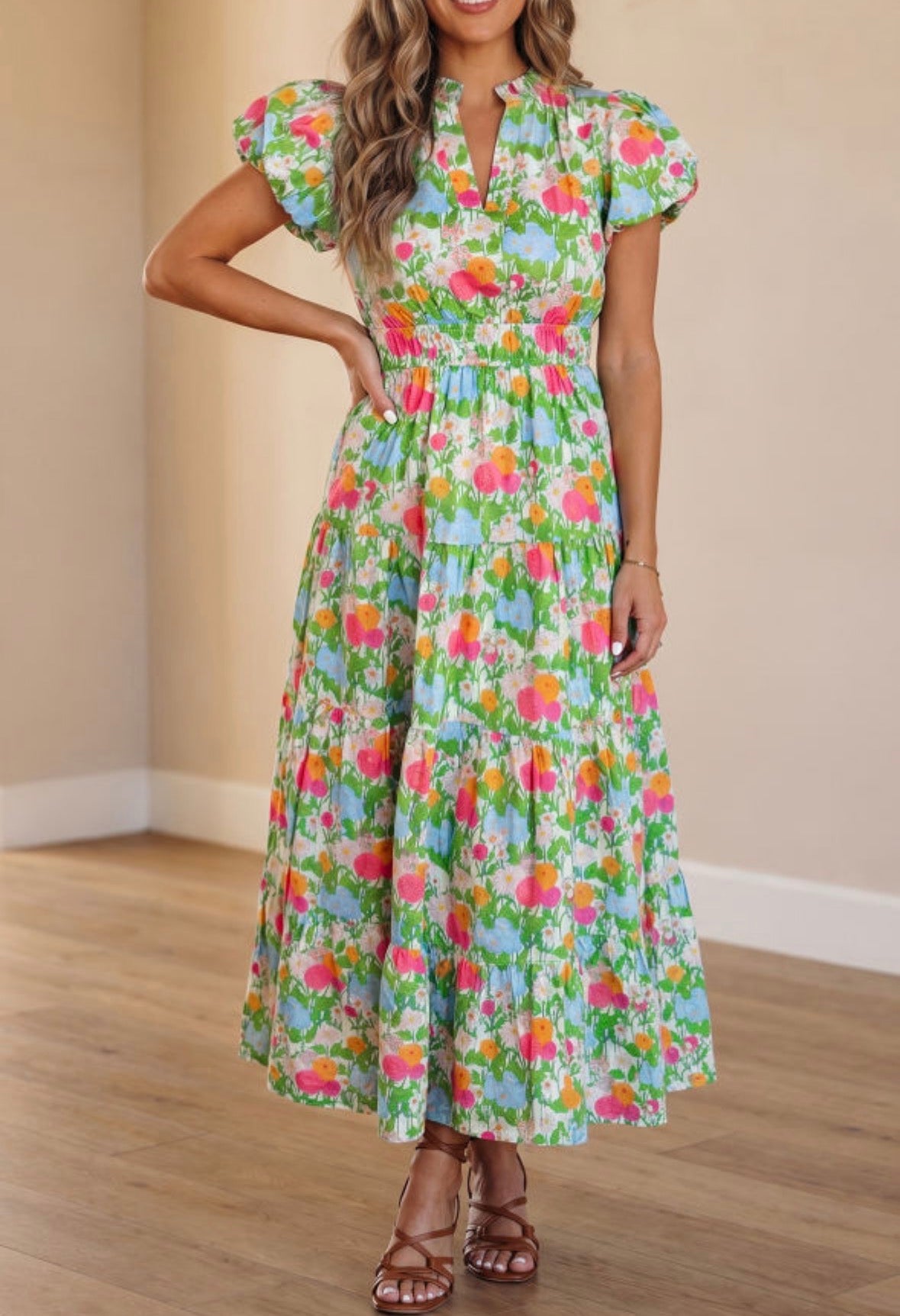 Dark green floral notch neck dress