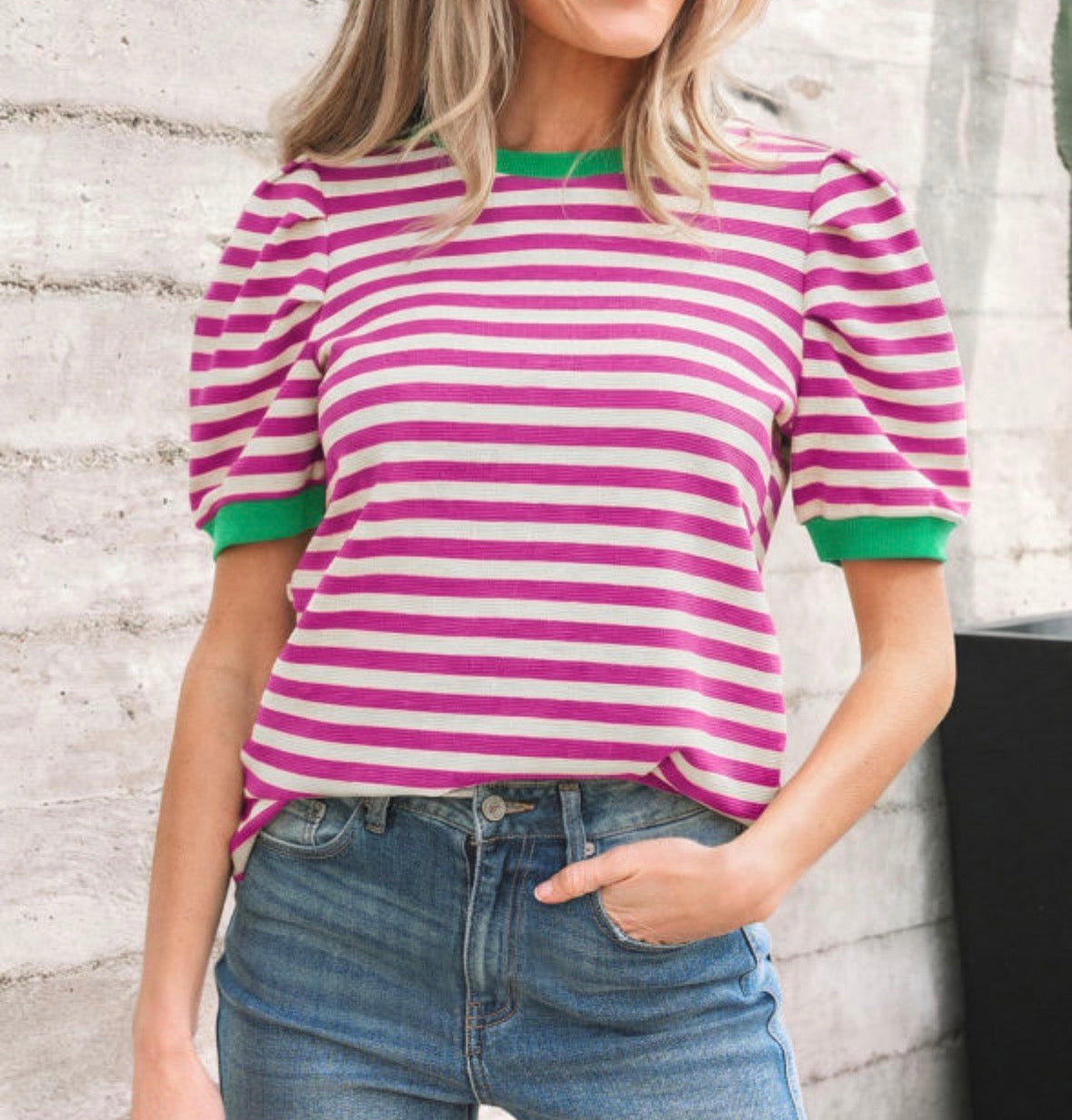 Magenta stripe puff sleeve