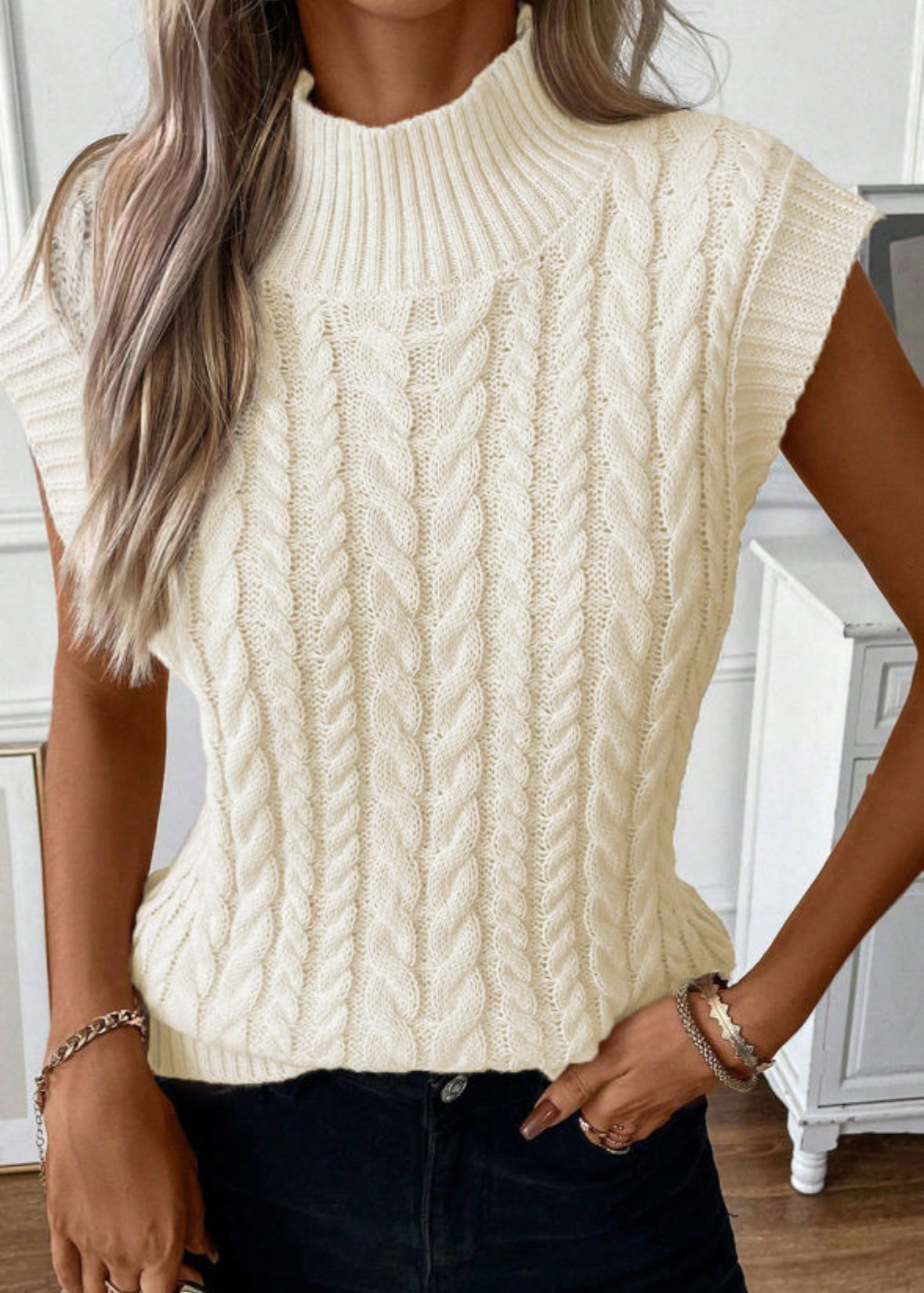 Ivory cable knit mock neck sweater
