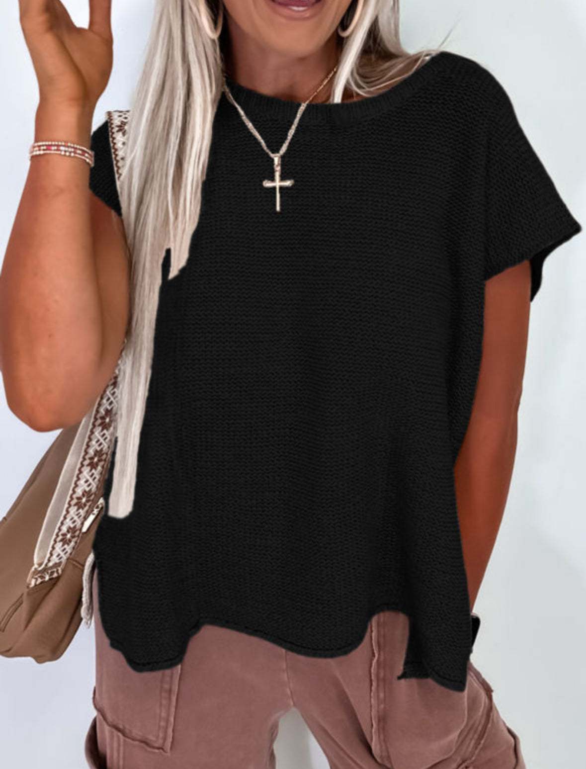 Black summer sweater split hem