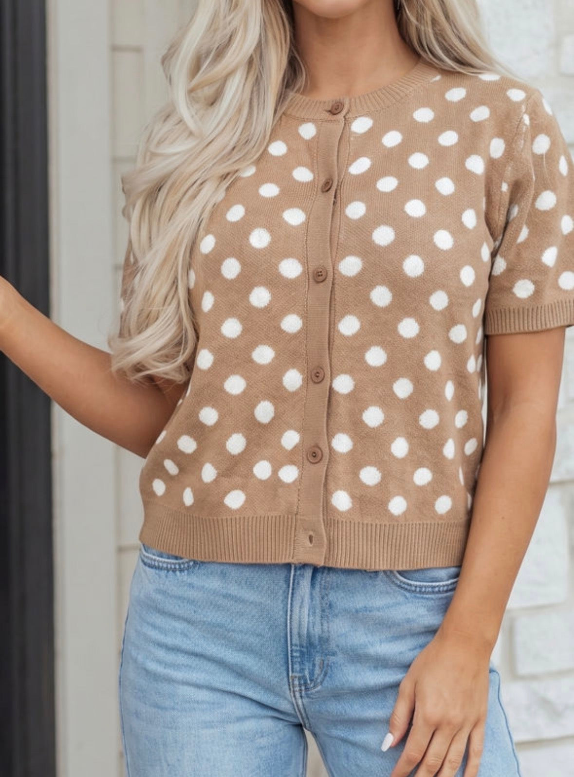 Brown polka dot button down sweater-luxurious fabric